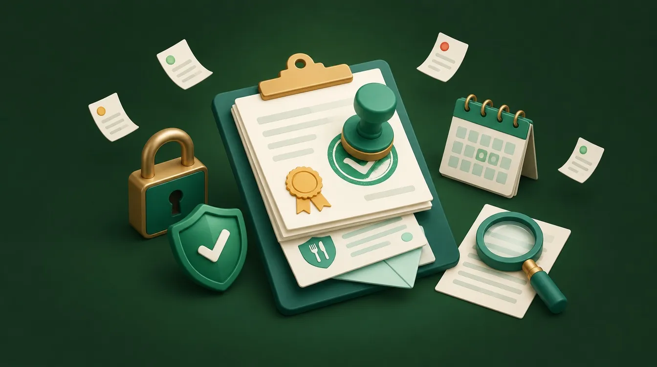 Illustration of a clipboard of compliance documents with a certificate seal and a green approval stamp, beside a padlock, a shield with a tick, a calendar and a magnifying glass.