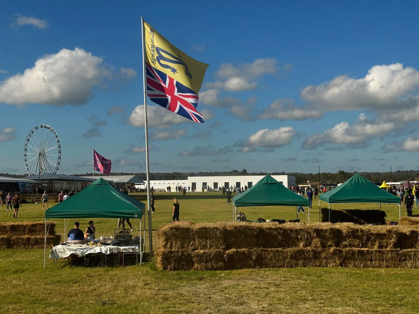 A country show with exhibitor booths and a ferris wheel