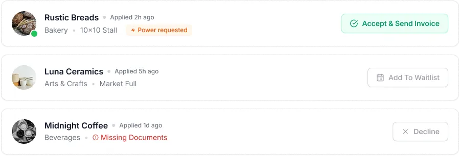 A list of vendor applications with accept, waitlist and decline actions