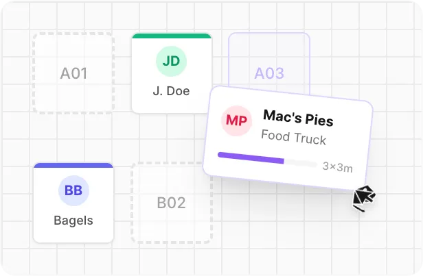The site map builder with a food-truck stall being dragged onto a grid of numbered sites