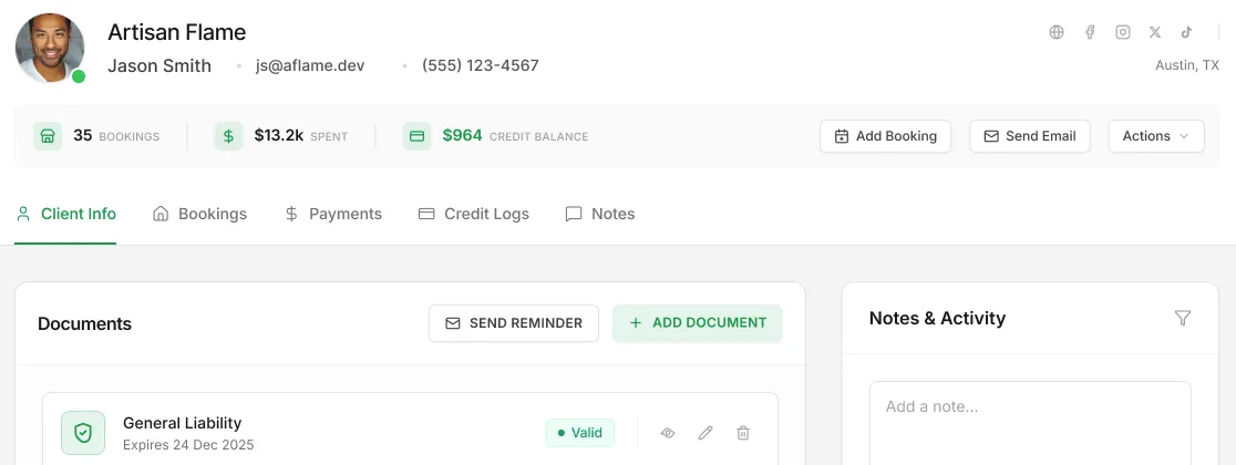 A vendor profile in the LocalStalls CRM with bookings, spend, documents and notes
