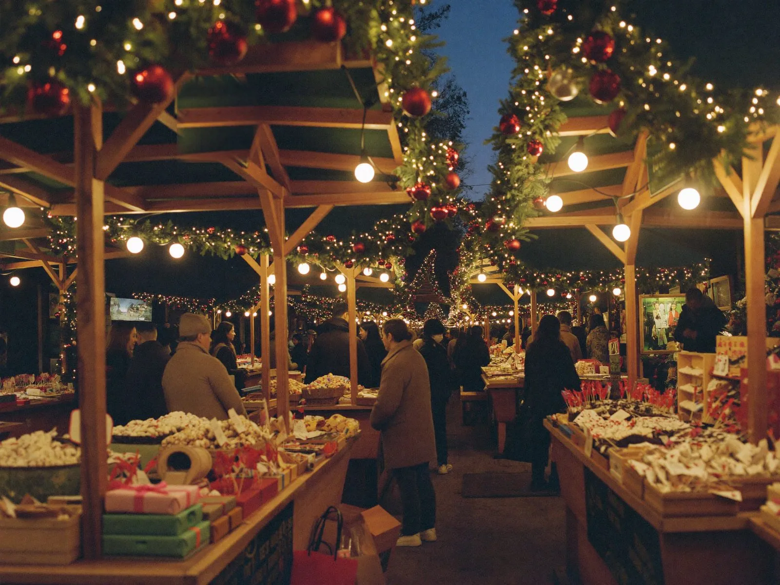 A Christmas market at twilight with lit wooden booths